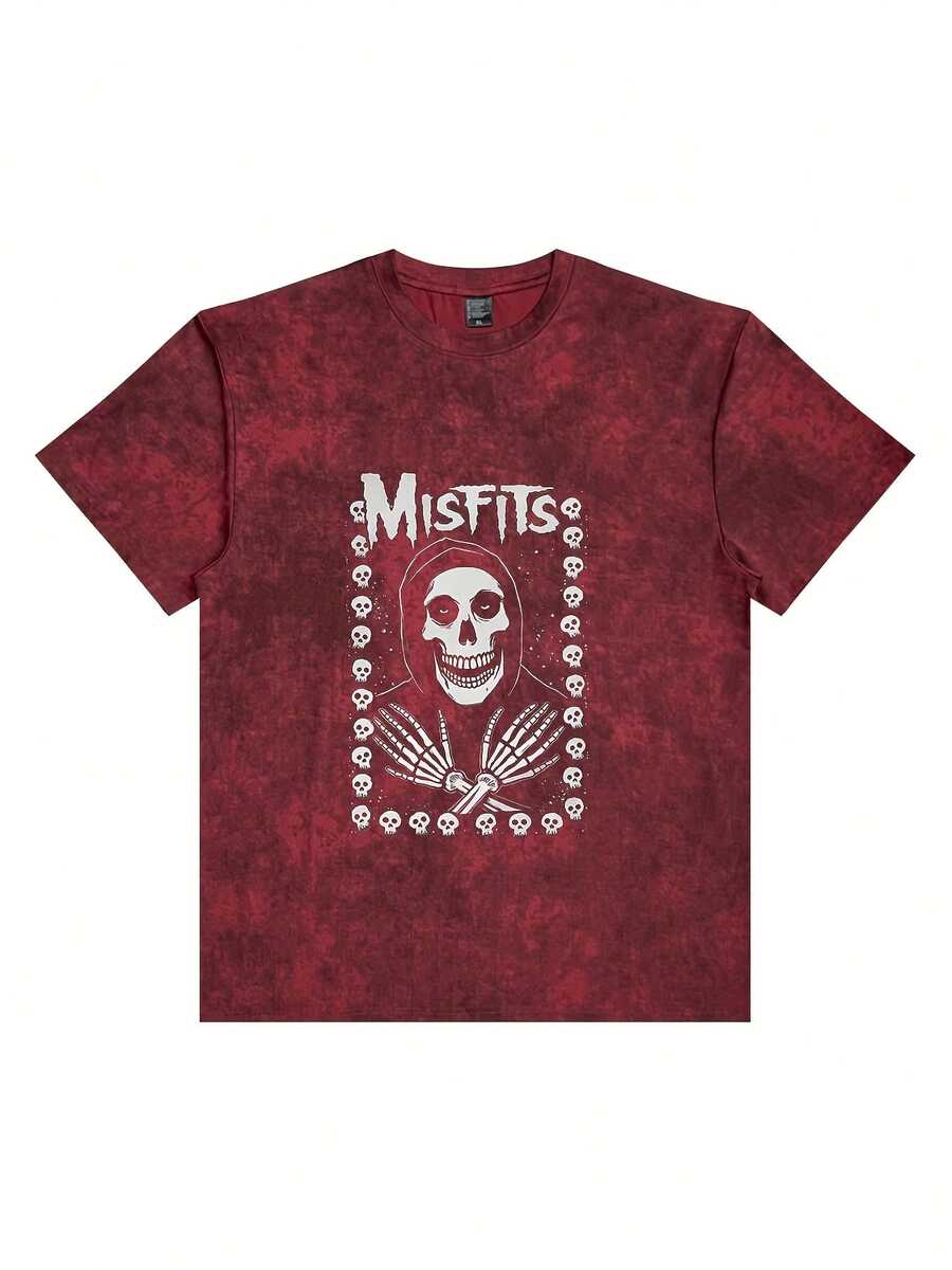 MISFITS Skull Graphic T-Shirt - Red Marbled Tie-Dye Textured Crew Neck Short Sleeve Tee, Stylized Grim Reaper Skull Design With Smaller Skulls Border, White Bold Font Above - Perfect For Rock Fans, Casual Summer Breathable Top- Fall Graphic T-Shirt Women's Halloween Animal Print Casual T-Shirt For Fall Outfit - 紅色 - 查看 1