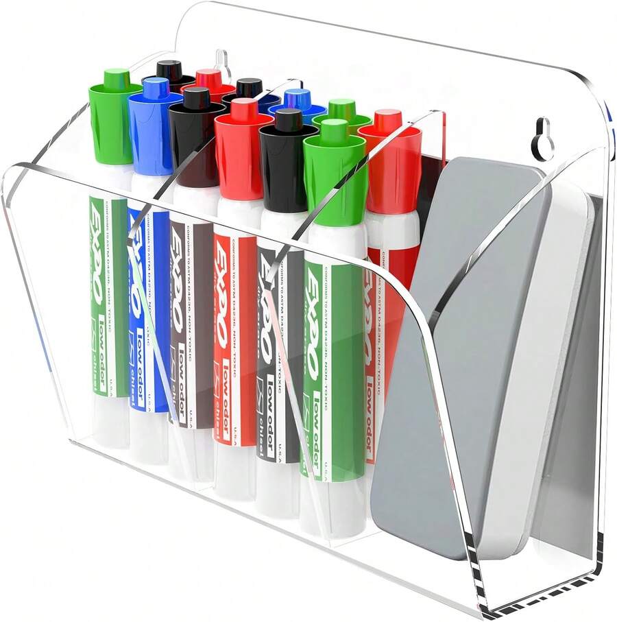 Lumanman - Soporte para rotuladores de borrado en con 3 compartimentos, soporte para lápices de acrílico, soporte para bolígrafos transparentes para pizarrón, nevera, casillero, - 1 - Ver 1