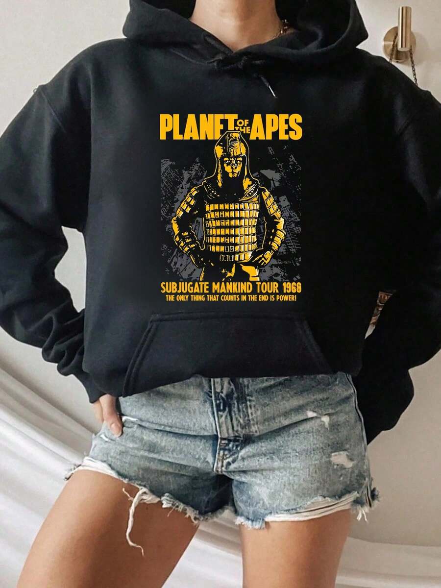 Moletom com capuz de manga curta e gola redonda da turnê Planeta dos Macacos: Subjugue a Humanidade - Moletons estampados para homens e mulheres - Preto - Ver 1