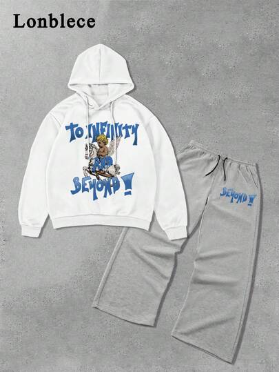 Lonblece 2 Stück Herbst/Winter Marke, amerikanischer vintage Engel Muster Hoodie Set, unisex locker-lässiger Hoodie & gerade Hose 2-teiliges Outfit, #Art Punk, jung-lässig