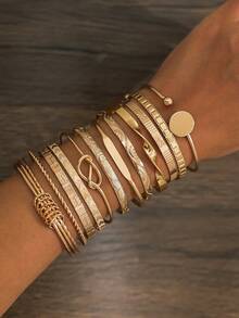 12pcs Fashion Metal Textured Heart Shape Bangle Bracelet Set, Boho Adjustable Layered Wristband, Suitable For Daily & Party Wear, Ideal Gift For Friends & Family