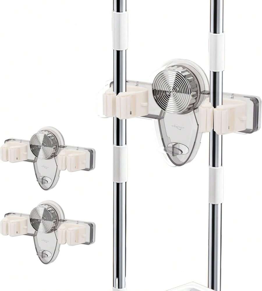 Soporte para Fregona y Escoba, Organizador De Escobas Con 3 Posiciones, Soporte Escobas Autoadhesivo de Pared Para Garaje, Cocina, Baño (Gris Translúcido) - color transparente - Ver 1