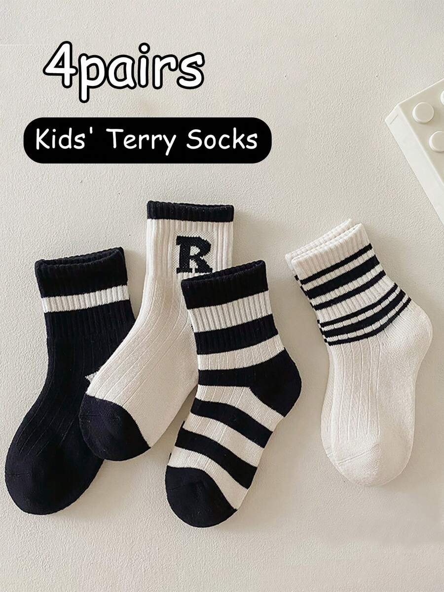 4 Paar Kinder Socken mit Buchstaben-Muster (1-12 Jahre alt), weich & bequeme Knöchelsocken für Jungen, geeignet für Herbst/Winter Sport, vielseitiges & minimalistisches Design, ideal für Alltag & Outdoor Outfit