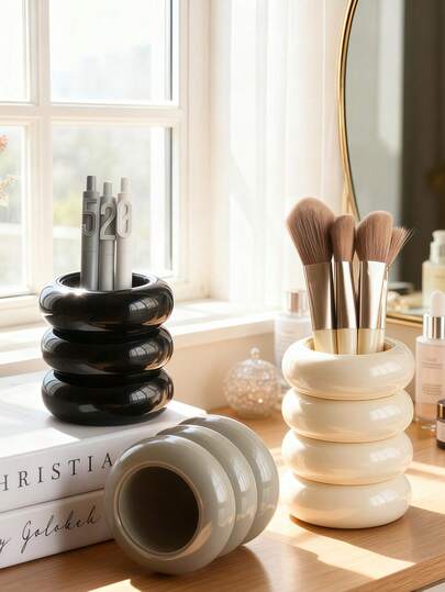 1 Piece Ins-Style Makeup Brush Storage Tube, Resin Storage Barrel, Brush Storage Box, Desktop Pen Holder, Dressing Table Storage, Holiday, Beach, Bathroom, Bedroom Collection, Large Capacity Suitable For Room Decoration, Home Decoration, Birthday Decoration, Kitchen, Wedding, Bedroom Decoration