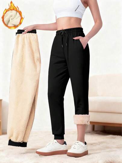 Women'S Outdoor Sports Pants, Fleece Jogger Pants, Skin-Friendly Soft Fabric, Elastic Waistband, Pockets, Suitable For Outdoor Activities, Sports, Cycling, Hiking, And A Must-Have For Girlfriend Style. Tights