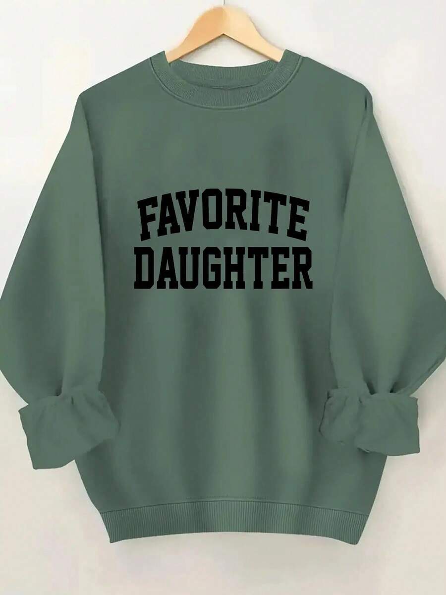 2025FAVORITE DAUGHTER Graphic Print Women's Casual Sweatshirt - Black Round Neck Long Sleeve Pullover, Machine Washable Autumn Winter Warmth, Perfect Gift For Daughters, Sweaters For S, Cozy Winter Apparel, Relaxed Fit Pullover, Comfortable CasualwearSoft And Breathable - 軍綠色 - 查看 1