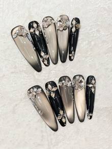 10片装奢华闪亮黑金猫眼美甲贴纸，可重复使用手工美甲贴片，适合约会、派对、音乐会、送礼等场合，美甲用品，手工按压式美甲贴片 - 黑色 - 查看 4