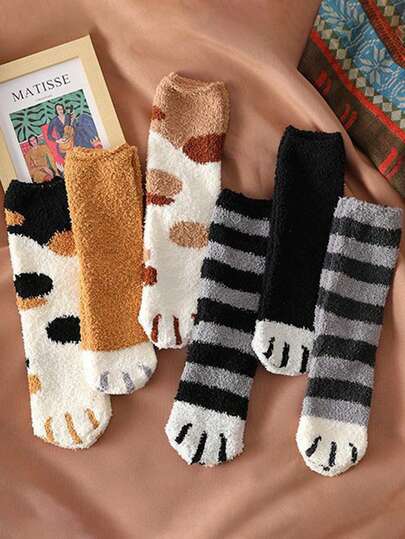 6 Pairs Women's Autumn/Winter Coral Fleece Cute Cartoon Animal Pattern Fashion & Breathable Mid-Calf Socks