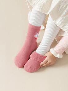 5 Pairs Girls' Crew Socks, Pink, White, Red, Coffee, Yellow, Color Block, Cartoon Rabbit & Dog, Striped Pattern, Soft & Warm, Thick, Simple Style, Cute, Fashionable, Versatile, Suitable For Daily Wear, Autumn/Winter - Multicolor - View 6