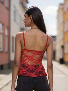 Women's Summer Lace Camisoles Sleeveless Open Back Deep V Neck Crop Cami Tank Tops - 紅色 - 查看 6