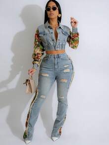 New Women's Side Print Denim Two-Piece Suit, Lapel Long Sleeve Flap Pocket Jacket And Ripped Slim-Fit Denim Trousers, Machine Washable, Winter Clothes For Women - 藍色 - 查看 3