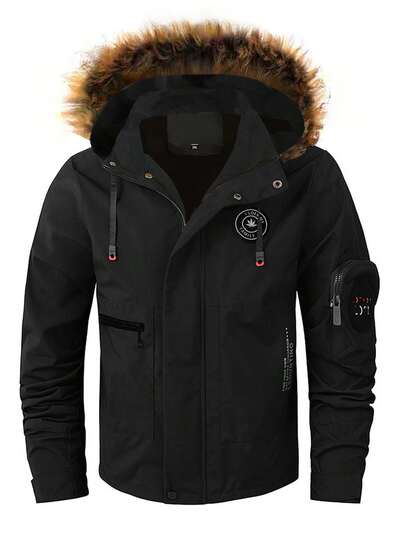 Men's Plus Size Hooded Cotton Jacket, Autumn And Winter Multi Pocket Workwear, Loose Windproof And Warm Cotton Jacket, Designed With A Fur Collar Coat