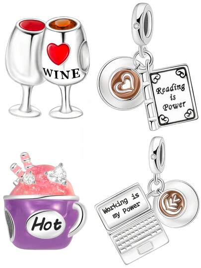 1pc Fashionable & Cute Mini Wine Glass, Coffee, Book, Computer Beaded Pendant Charm, Versatile DIY Bracelet Necklace Gift