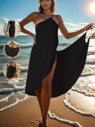 Vestido Casual Feminino de Tricô com Alças Finas e Sem Mangas, Comprimento Regular, Média Elasticidade, Capa para Natação