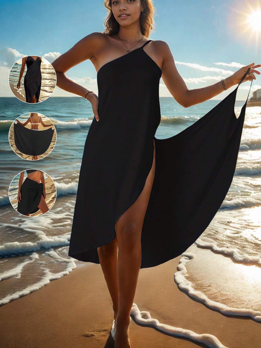 女士休闲针织细肩带无袖连衣裙，中等弹力，常规长度，泳衣罩衫 - 黑色 - 查看 1