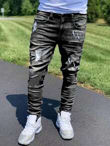 Plus Size Men's Fashionable Distressed Stretch Denim Jeans - Grey - View 1