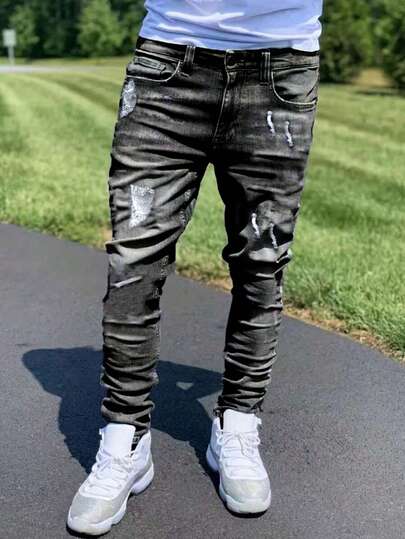 Plus Size Men's Fashionable Distressed Stretch Denim Jeans