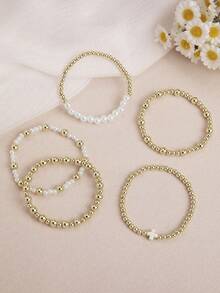 Set de 5 piezas de pulseras elásticas con cuentas doradas y perlas falsas de estilo bohemio, juego de joyería con cruz como regalo del Día de San Valentín para niñas y mujeres jóvenes