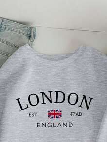 Hoodies For WomenCasual Simple London Flag Print Pattern Loose Round Neck Long Sleeve Sweatshirt For Women Autumn And WinterLoose And Comfortableed Hardy Clothes Tops - Màu Xám nhạt - Xem 3