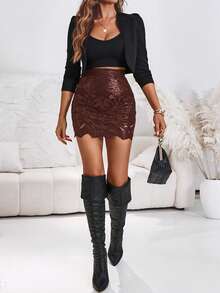 ChicMe Womens PU Leather Hollow Out Lace Pattern Zipper Back Bodycon Mini Skirt Solid Color Sexy Elegant Casual Outfit For Club Party