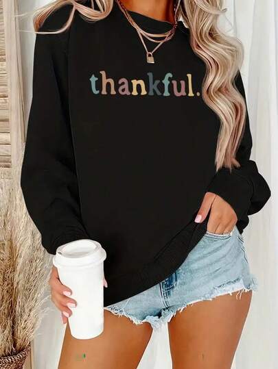 2025Women's Oversized Thank You Print Sweatshirt - Soft 100% Polyester Crewneck Sweater, Black With Multicolor Thankful Lettering (Pink/Yellow/Blue/Brown), Cozy Fall Winter Sweater For Casual Wear, & Everyday Fits - MachineSoft And Breathable