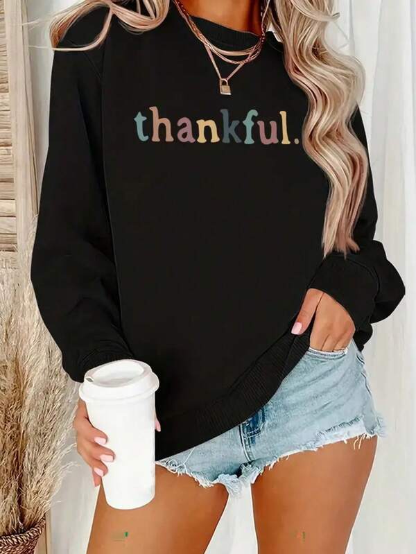 2025Women's Oversized Thank You Print Sweatshirt - Soft 100% Polyester Crewneck Sweater, Black With Multicolor Thankful Lettering (Pink/Yellow/Blue/Brown), Cozy Fall Winter Sweater For Casual Wear, & Everyday Fits - MachineSoft And Breathable