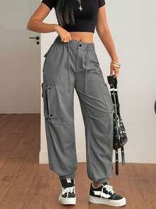 Women's Y2K Streetwear Vintage Drawstring Waist Multi-Pocket Side Zipper Detail Snap Button Hem Cargo Jogger Pants, Casual Daily Wear Spring - Dark Grey - View 6