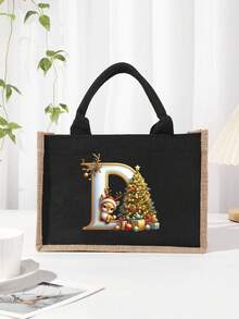 Men's Casual Tote Bag, Large Capacity Shopping Bag, Linen Beach Tote Bag Christmas Theme 26 Letter Print Commuter Tote Bag Yellow Linen Tote Bag, Shopping Bag With Gold Letter And Flower Print, Large Capacity Reusable Shopping Bag Laptop Bag Christmas Bags