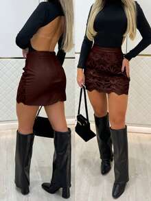 ChicMe Womens PU Leather Hollow Out Lace Pattern Zipper Back Bodycon Mini Skirt Solid Color Sexy Elegant Casual Outfit For Club Party