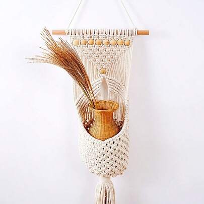 Decoración de pared tejida con encaje, soporte de encaje para colgar en la pared, bolsa de algodón para colgar en la pared con borlas, colgante de pared blanco 23 x 87 cm