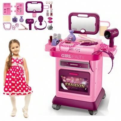 Bakaji Carrello Postazione Make Up per Bambini con Specchio, Giocattolo per Bambine Toeletta Trucco Mobile con Tantissimi Accessori Beauty Realistici, Gioco Educativo Idea Regalo
