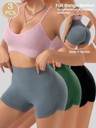 3 Peças Shorts de Ioga Sem Costura de Cintura Alta para Mulheres, Shorts de Exercícios Confortáveis e Macios que Levantam o Bumbum para Uso Externo, Ciclismo Interno, Corrida, Academia