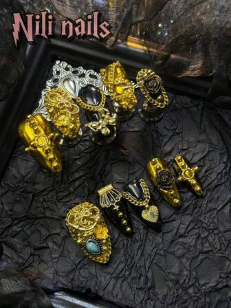 10 st/set handgjorda mandelfärgade press-on-naglar i Y2K-stil, guld- och svarta press-on-naglar med små blommor och rosett, metallkedja och stålkulor. Video, heltäckande lösnaglar för kvinnor, vid olika tillfällen, vardagskläder. Perfekt present till kvinnor och flickor. Lämplig för användning på fester, musikfestivaler, med 1 gelépad och 1 nagelfil.