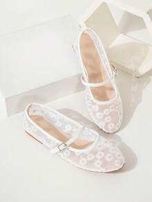 Balerini de damă cu vârful rotund din plasă, design floral brodat, stil elegant, minimalist, respirabil, retro Mary Jane, fără slip-on, la modă și confortabili pentru purtare zilnică.