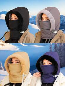 1件冬季保暖雷锋帽圣诞帽男女士毛绒加厚防寒口罩围兜一体式帽子户外防风骑行帽时尚滑雪帽黑色百搭护耳帽全脸防风骑行帽 - 彩色 - 查看 7