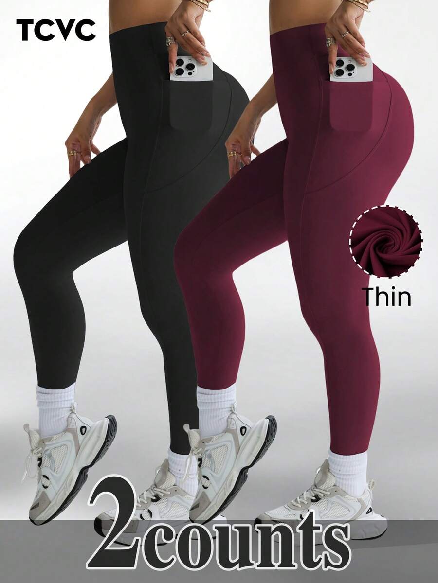 TCVC Leggings taille haute de couleur unie avec poches, décontractés et confortables, respirants et amincissants pour l'abdomen. Collants de yoga, de gym et d'entraînement, adaptés à toutes les saisons et au printemps - Multicolore - Voir 1