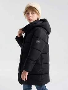 SOLOCOTE Tween Boys' Padded Coat With Chin Zipper Protection, Two Side Pockets, Heat Reflective Lining, Non-Detachable Hood, Stand Collar Design To Protect Neck From Cold - Black - View 3