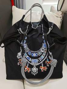 1pc New Simple Embroidered Chain Horse Pattern Foldable Lightweight Nylon Tote Bag, Adjustable Shoulder Strap, Suitable For Commuting, Party, Shoulder/Crossbody