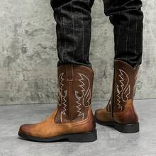 Men's Fashion Embroidered Denim High-Top Boots, Side Zipper Design, Comfortable Non-Slip Casual Shoes, Suitable For Men's Outdoor Activities. - Light Brown - View 5