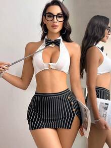 3-Piece Set Of Sexy, Fashionable And Intellectual Teacher Cosplay Set For Women, OL Uniform Seducing Female Cosplay Set, Hollow Button Corset+Slit Striped Skirt+Tie Set, Halloween Character Costume, Couple Costume, Theme Party Costume - 黑色 - 查看 2