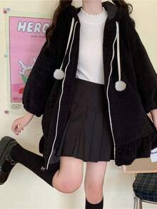 Women's Cute Bunny Ear Jacket Soft Plush Hoodie Kawaii Fashion Outerwear - màu đen - Xem 1