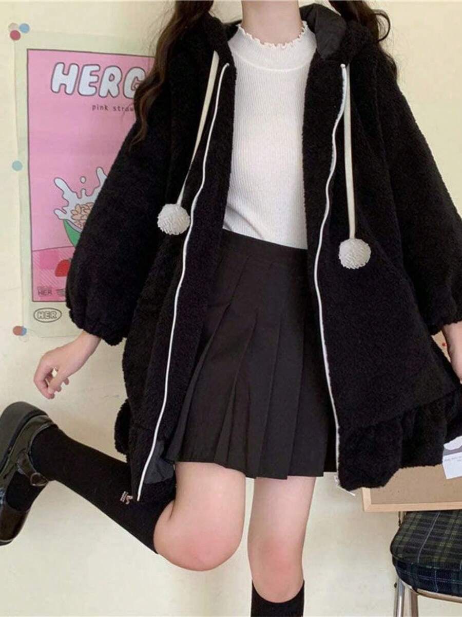 Women's Cute Bunny Ear Jacket Soft Plush Hoodie Kawaii Fashion Outerwear - màu đen - Xem 1