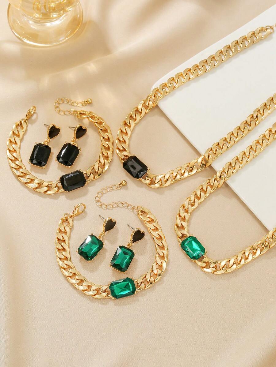 Conjunto de joyería bohemia elegante y exagerada de 4 piezas en color verde, con collar brillante, pulsera, colgante y aretes - Adecuado para uso diario y ocasiones de fiesta