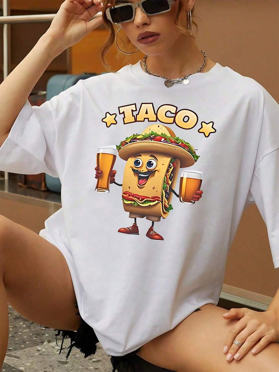 Camiseta gráfica Taco Tuesday para mujer, diseño de comida divertida, lindo estampado de taco de cerveza de dibujos animados, top informal de algodón, el regalo perfecto para los amantes de los tacos, camiseta holgada de gran tamaño - Blanco - Ver 1