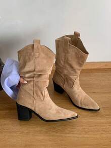 Vintage Pointed Toe High Heel Women's Boots, Chunky Heel Boots, New Mid-Calf Boots For Autumn/Winter, Versatile Pleated Slouchy Cowboy Boots,Fashion Boots - Khaki - View 7