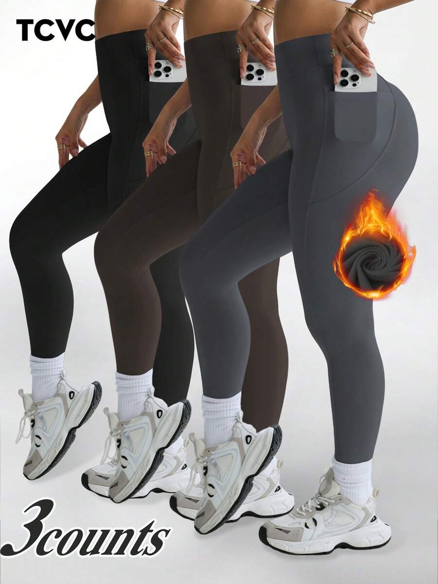 TCVC 女士纯色高腰口袋紧身裤，休闲舒适，亲肤透气，适合瑜伽、健身、运动，四季皆宜，春季运动必备 - 彩色 - 查看 1