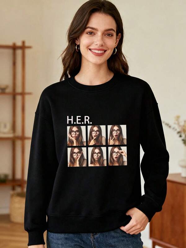 Customize Round Neck Sweatshirts, Add Your Text And Photos/Couple/Family/Best Friend/Pet Photos, Christmas/Halloween Costumes, Women's Black Hoodies, Birthdays/Valentine's Day/Father's Day/Parties/Anniversaries/Custom Designs