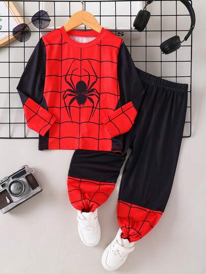 2pcs/Set Young Boys' Party Casual Stylish & Cute Gift, Comfortable Outdoor Spider Web Colorblock Red & Blue Spider Print Crew Neck Long Sleeve Top And Straight Leg Pants Set, Autumn