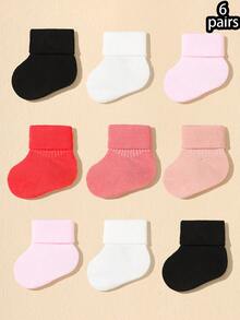 6 Pairs Baby Solid Color Flat Fold-Over Socks, Cute, Soft, Comfortable, Warm For All Seasons - Multicolor - View 8