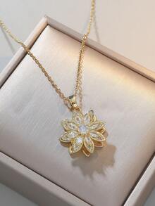 1pc Rotatable Lotus Flower Pendant Necklace, 14K Gold Plated With Sparkling Cubic Zirconia, Adjustable Chain, Elegant Statement Jewelry For Women - C - View 1